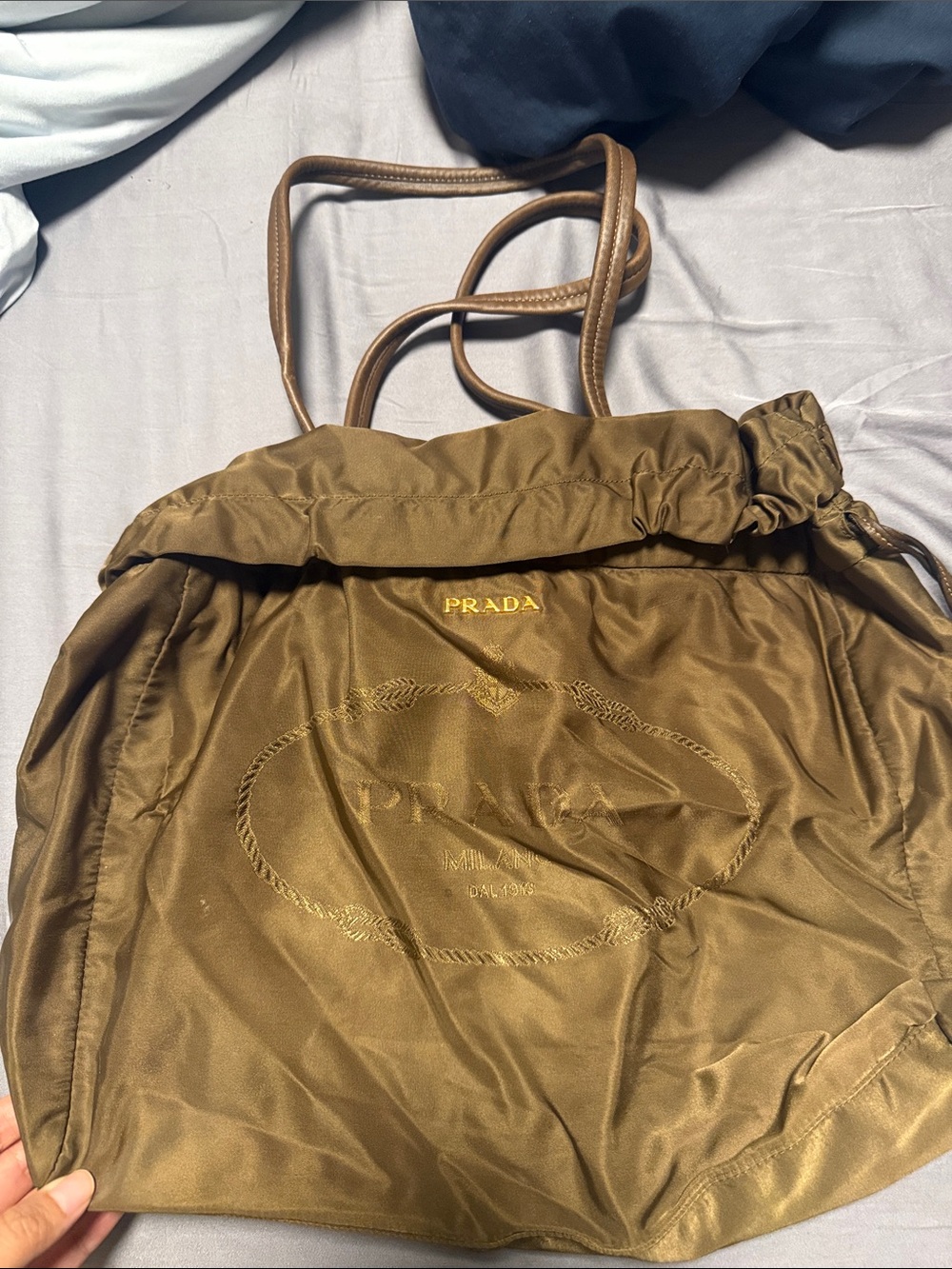 Prada Olive Nylon Drawstring Shoulder Tote with Gold Logo